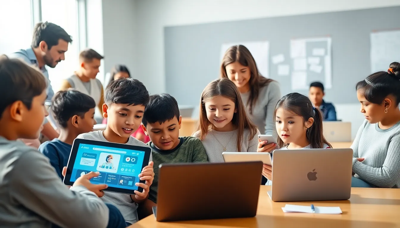 diverse students and educators using emerging learning technologies in a classroom.