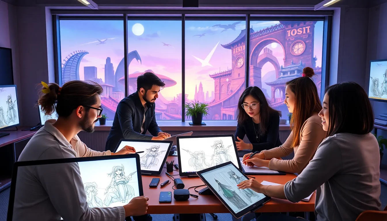 diverse team collaborating on anime artwork in a modern studio.